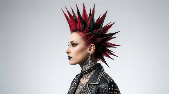 Side profile of a punk rocker woman with a tall red and black spiky mohawk haircut.