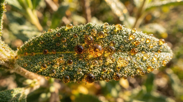 Cistus ladanifer rockrose leaf with amber labdanum resin glands macro