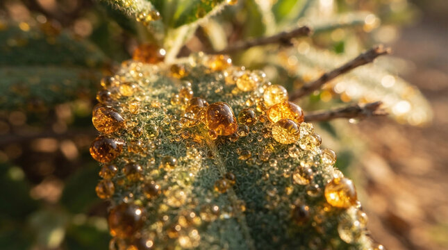 Cistus ladanifer rockrose leaf with amber labdanum resin glands macro