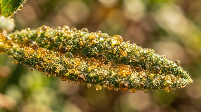 Cistus ladanifer rockrose leaf with amber labdanum resin glands macro