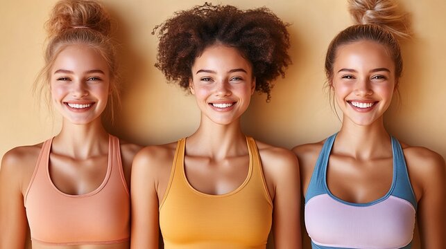 Three young women in sports bras smiling at the camera.