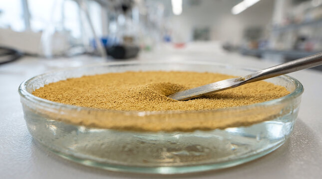 Hydrophobic yellow lycopodium spore powder floating on water surface macro