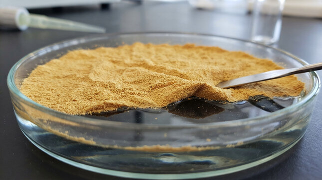 Hydrophobic yellow lycopodium spore powder floating on water surface macro