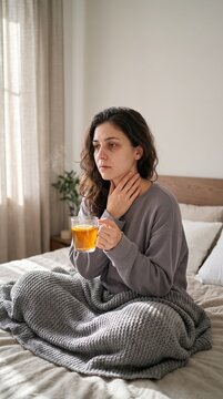 Sick Woman in Bed Drinking Warm Tea and Touching Throat