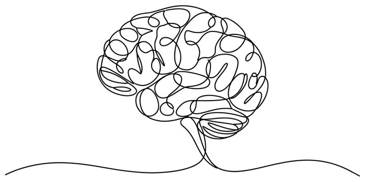 Minimalist continuous line art human brain illustration representing cognitive health and creativity.