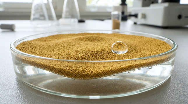 Hydrophobic yellow lycopodium spore powder floating on water surface macro