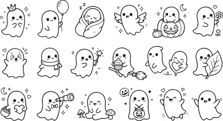 Fototapeta premium Kawaii ghost coloring page set, 18 cute spooky character icons, hand drawn halloween doodle vectors for kids activities