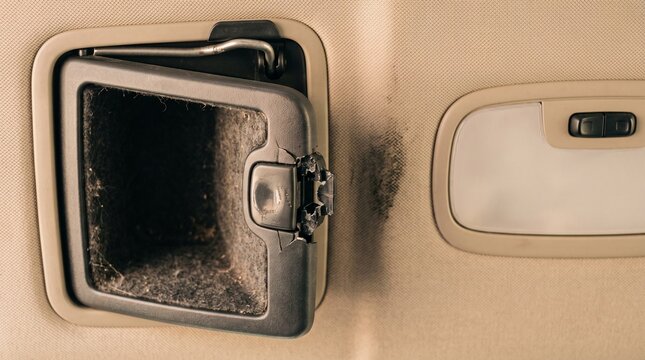 Open sunglasses holder compartment in a beige car interior ceiling console