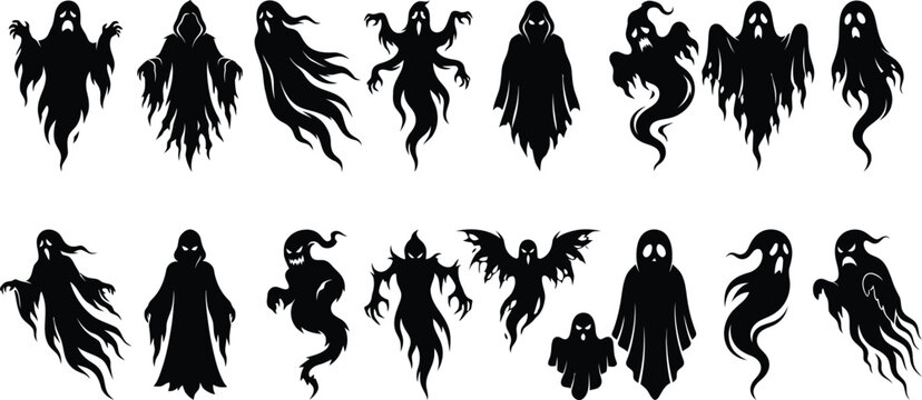 Halloween scary ghost silhouettes collection, spooky phantom icons, creepy spirit vectors set isolated on white background.

Spooky ghost silhouette vector set, dark halloween phantoms, creepy ghouls,