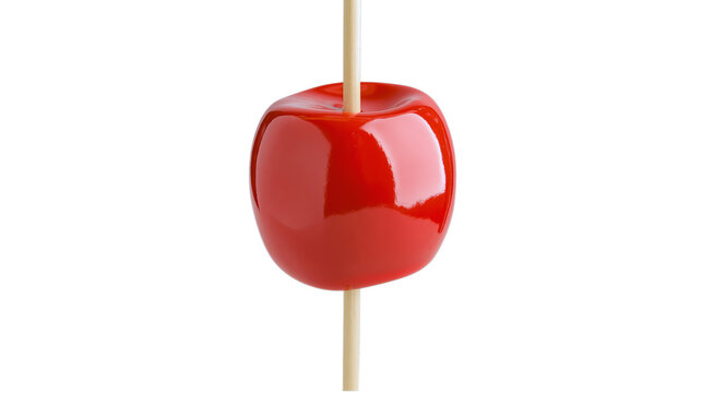 Candy coated red apple on a stick, a sweet treat , perfect for festive designs, isolated on transparent background