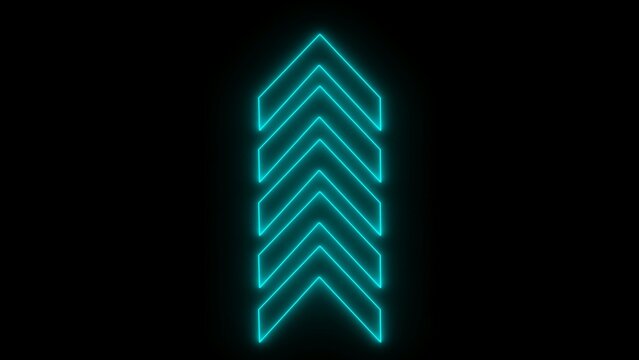 Bright neon blue glowing arrow shape pointing up with multiple chevron lines isolated on a dark background for digital design and user interface navigation elements