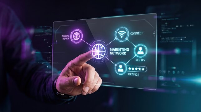 Hand touching futuristic holographic marketing network interface, global reach connection users ratings icons, digital business strategy concept, dark cyber technology background
