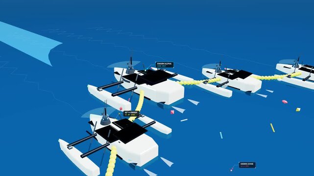 3D animation of an autonomous drone swarm sweeping ocean microplastics and debris to restore marine sanctuaries using hydro cyclone technology and solar arrays
