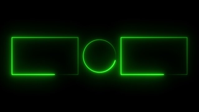 Neon green glowing frames and circle shape on dark background for video overlays