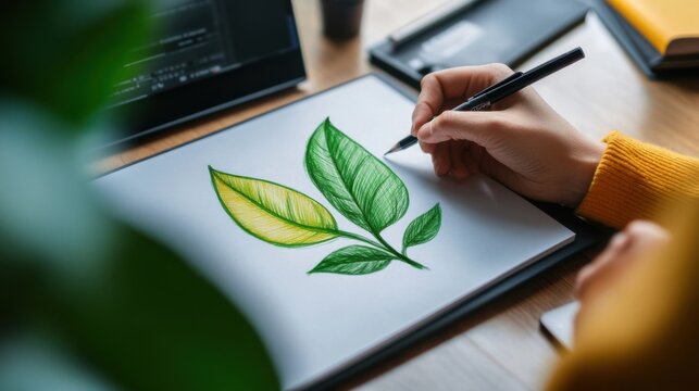 Artist Drawing Green and Yellow Leaves on Digital Tablet