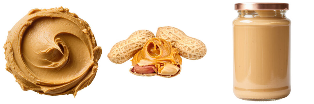 Peanut butter swirl, peanuts in shells and open, and a jar of peanut butter, isolated on transparent background