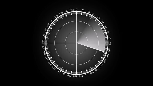 Circular radar screen display with degrees and scanning line on dark background
