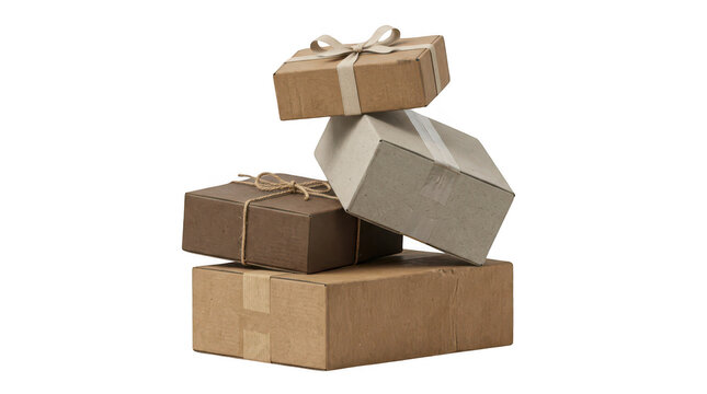 A stack of various cardboard gift boxes wrapped in string and tape isolated on a clean white background transparent background