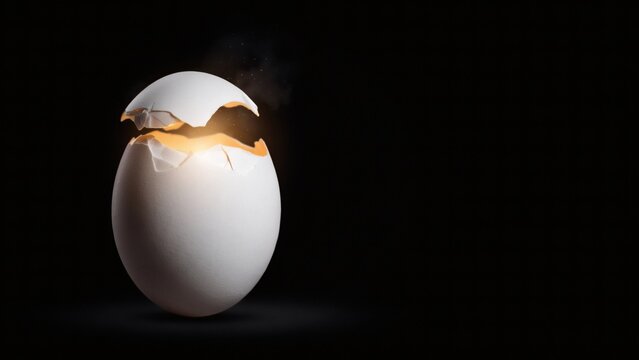 A white cracked egg with glowing golden light inside isolated on a black background with emanating center