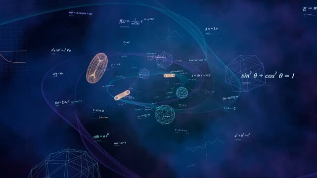 A camera flies through glowing mathematical formulas, rotating wireframe shapes and flowing wave grids in a blue science background, seamless loop