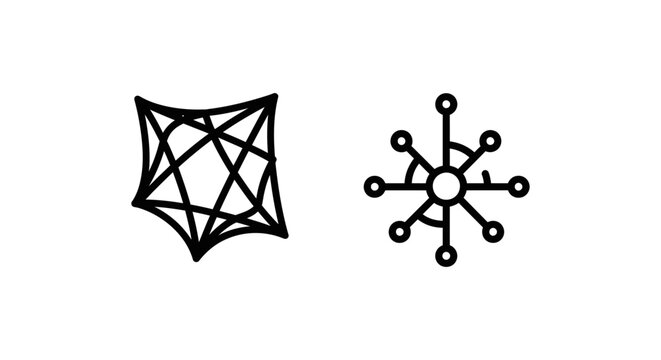 Minimalist vector outline icons for tech representing a complex form glyph and a network vertex core with geometry connection structure minimalist abstract scientific development