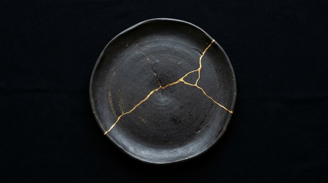 高級感のある黒の金継ぎ皿（黒・日本・禅）