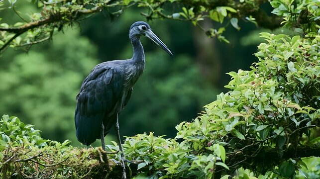 A tall grey bird with long beak stands among lush green foliage in a dense forest environment
