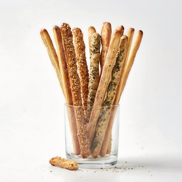 Assorted crispy breadsticks with sesame seeds and herbs standing in a clear glass on white surface