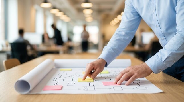 Hands analyzing a value stream mapping on a long paper roll within a bright office setting.