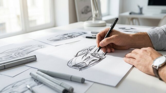 Concept car prototype drawings being sketched on paper by an automotive design engineer.