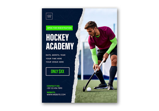 Editable Hockey Academy Social Media Post Template Design in Player Action in Green Field.