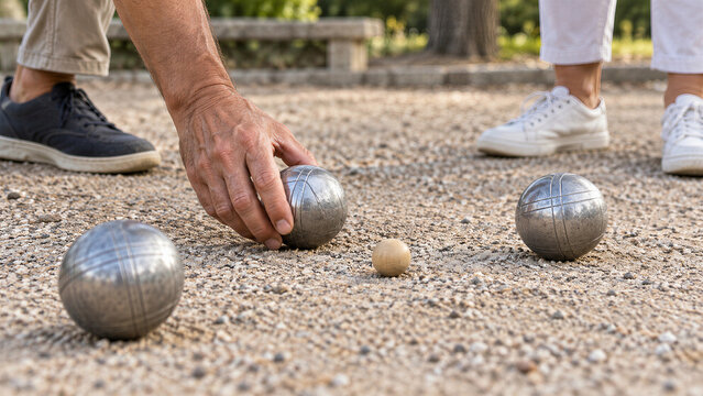 Senior man picking up metal boule ball while playing petanque with woman in park. Close-up of hands and steel balls on sandy court with wooden jack.