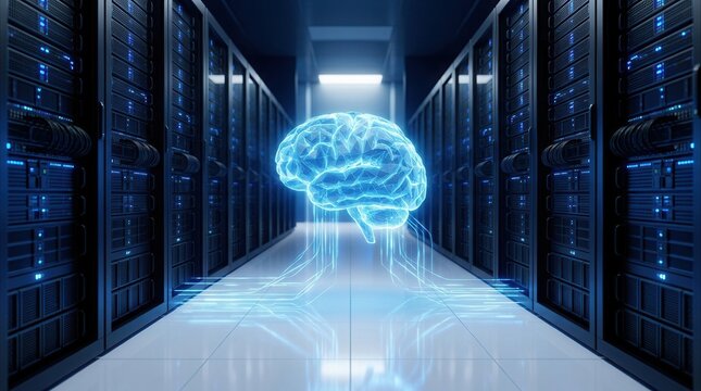 Glowing polygonal brain and luminous data lines in a long data center corridor featuring rows of server racks and bright white surfaces.