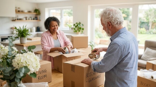 Senior couple preparing for moving day by packing labeled boxes in a bright home interior, symbolizing a new chapter
