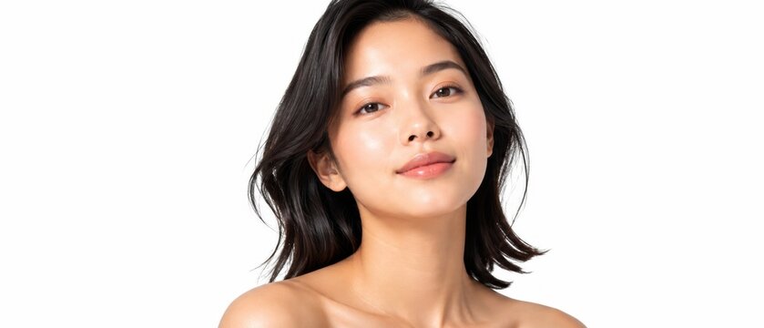young asian woman with medium length dark hair and glowing skin posing with bare shoulders against a clean white background