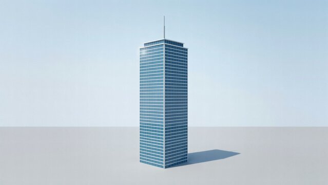 A single tall glass skyscraper stands on a flat surface against a clear light sky with skyscraper rectangular base