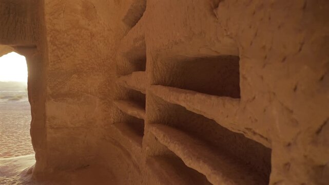 Interior view of an ancient Nabataean rock-cut burial chamber with wall niches and sunlight entering through the entrance in Hegra, AlUla