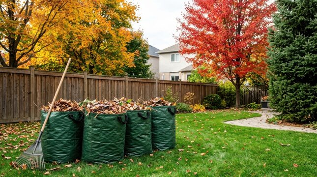 Close up view of green garden waste bags and rake in suburban autumn backyard setting.
