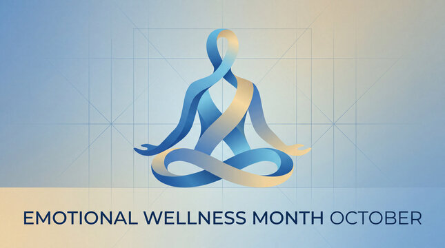 EMOTIONAL WELLNESS MONTH OCTOBER abstract ribbon silhouette vector banner artwork