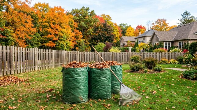 Suburban backyard leaf cleanup with green waste bags and rake against wooden fence backdrop.