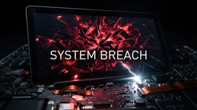 Cybersecurity system breach alert display.