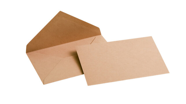 Open brown paper envelope resting slightly ajar, revealing blank paper inside, conveying communication, isolated on transparent background