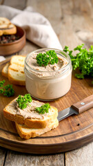 Obraz premium Würzige Pastete im Glas mit geröstetem Brot und Petersilie auf Holzbrett 