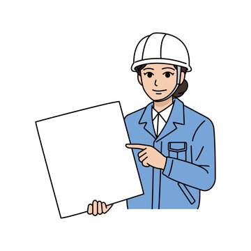 ヘルメット姿で安全掲示板や図面を示して説明する女性現場監督イラスト