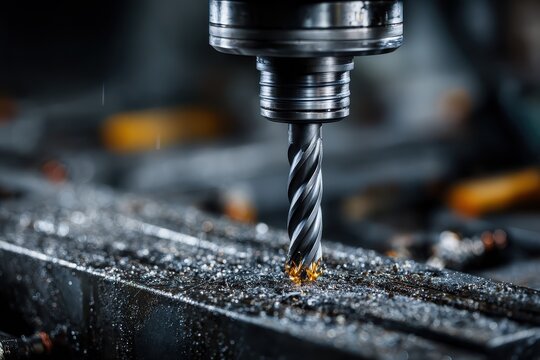 A metal end mill makes sparks as it cuts a groove in a steel workpiece, an example of high-speed machining and precision manufacturing
