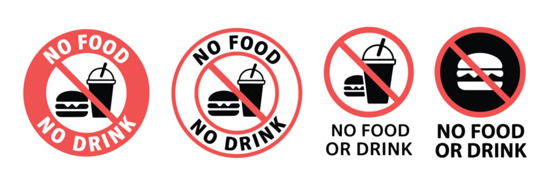No food or drink allowed sign, no eating or drinking symbol, prohibition logo, label, badge, sticker, emblem, stamp, banner, circle, black line, flat vector illustration.