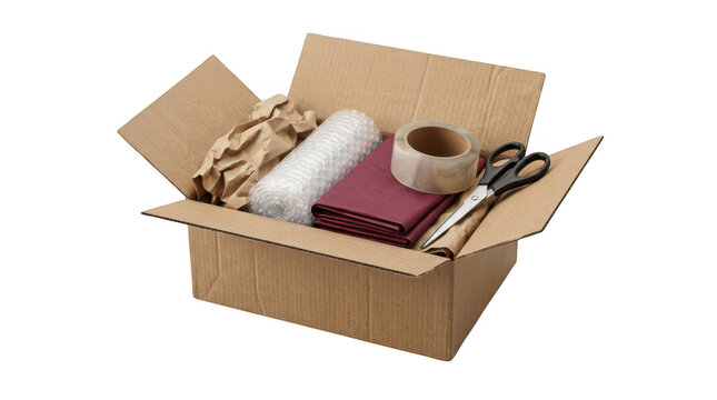 Open cardboard shipping box with bubble wrap packing paper tape and scissors for moving and parcel preparation transparent background