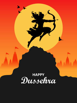 Happy Dussehra Festival Poster with Lord Rama and Traditional Indian Celebration Design