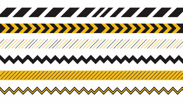 Collection of six horizontal hazard warning stripes and caution tape patterns in black and yellow on white background