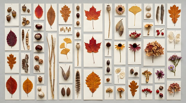 Flat lay botanical collection of autumn leaves, acorns, seed pods, and dried flowers arranged in a taxonomy grid